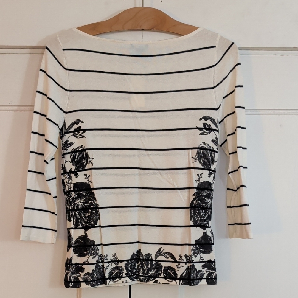 NWT Ann Taylor Black and White Striped Floral Long Sleeve Sweater Top, Sz XS - Picture 4 of 7